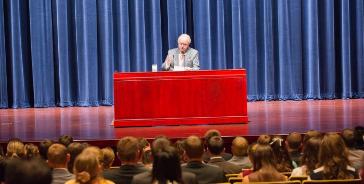 Gerald Flurry speaks to the student body.